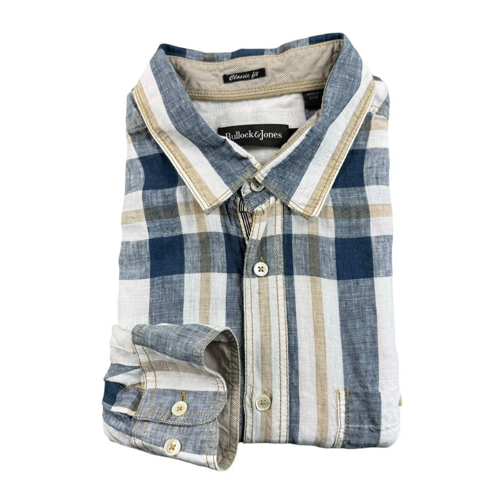 Bullock & Jones Mens XL Pure Linen Plaid Button Up Shirt Blue White Brown 606